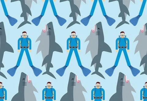 Shark and diver pattern seamless. Hammerhead shark and frogman background. Ma Illustrazione stock