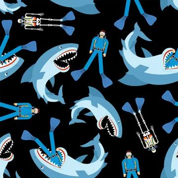 Shark and diver pattern seamless. Hammerhead shark and frogman background. Ma 스톡 일러스트