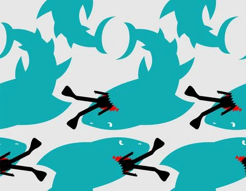 Shark and diver pattern seamless. Hammerhead shark and frogman background. Ma Illustrazione stock