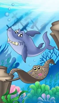 Shark and eagle ray with shipwreck Stock Illustration