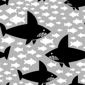 Shark and fish pattern seamless. Undersea world background. Baby fabric textu Stock Illustration