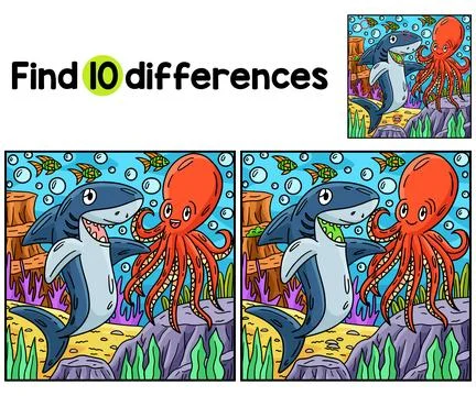 Shark and Octopus Find The Differences Stock Illustration