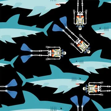 Shark and skeleton diver pattern seamless. Marine predator ate frogman backgr 스톡 일러스트