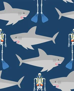 Shark and skeleton diver pattern seamless. Marine predator ate frogman backgr Stock Illustration