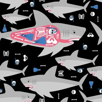 Shark and skeleton diver pattern seamless. Marine predator ate frogman backgr Illustrazione stock