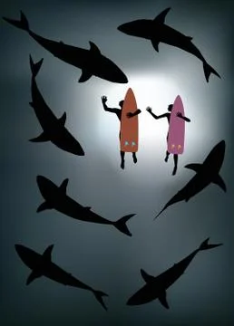 Shark Attack with Surfers Stock Illustration