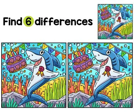 Shark with Birthday Cake Find The Differences Stock Illustration