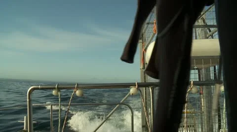Shark cage heading out too sea at dawn Stock Footage 21437455
