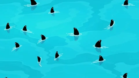 Shark cartoon black character pattern wallpaper on blue background Stock Footage 232082320