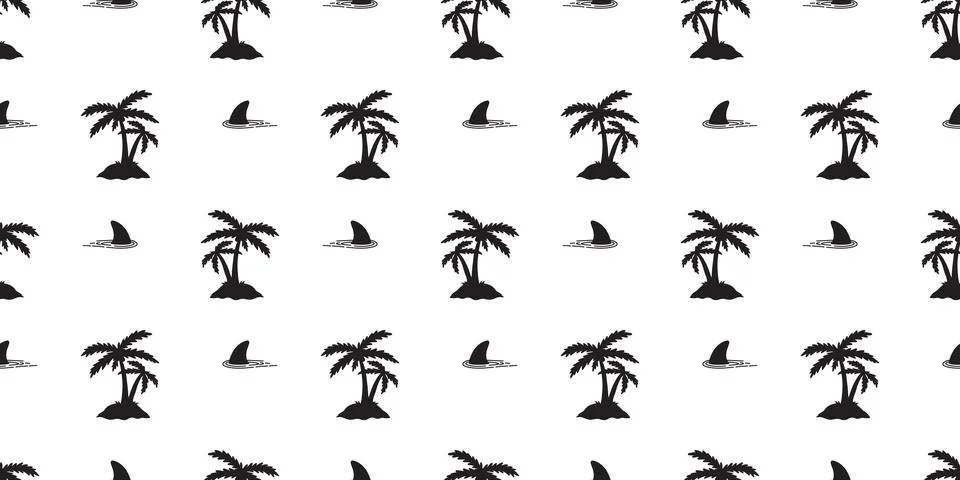 Shark fin seamless pattern dolphin coconut tree whale ocean wave sea island Stockillustratie