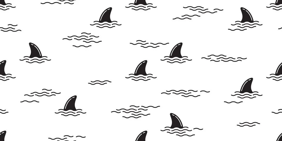 Shark fin seamless pattern dolphin whale ocean wave sea island beach tropical Stock Illustration