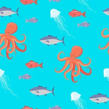 Shark, Fish, Octopus, Jellyfish Endless Texture Stock Illustration