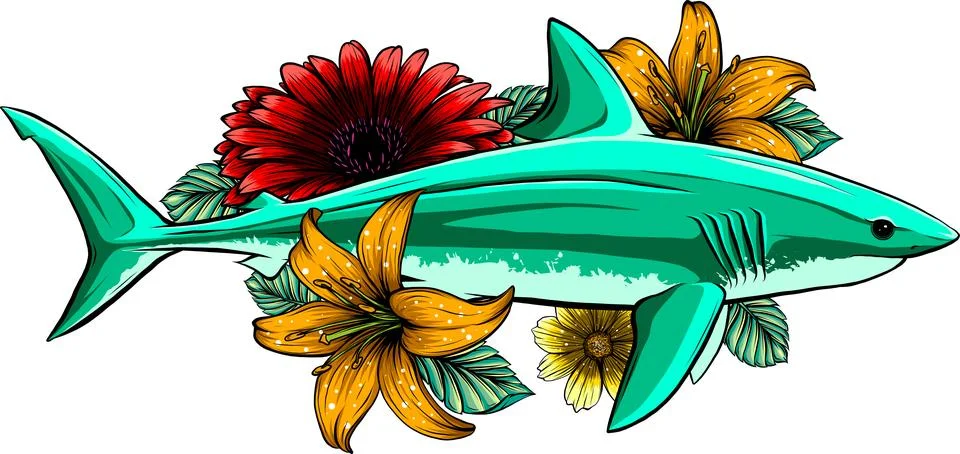 Shark with flower decorative elements design vector illustration Stock Illustration