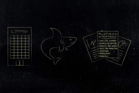 Shark next to business strategy documents and headquarters Stock Illustration