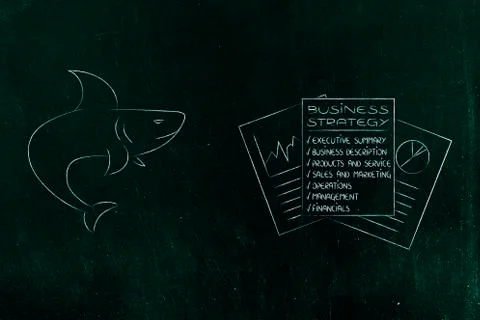 Shark next to business strategy documents, イラスト素材