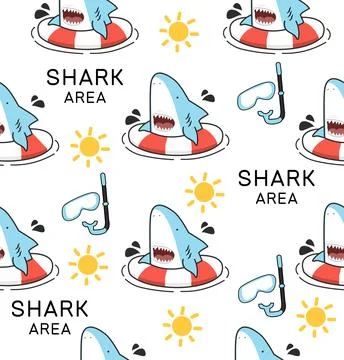 Shark open mouth with inflatable ring seamless pattern background Stock Illustration