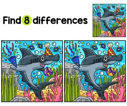 Shark with Party Hat Confetti Find The Differences Stock Illustration