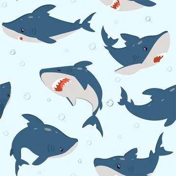 Shark pattern. Cartoon seamless texture with ocean fish, air bubbles underwater Stock Illustration