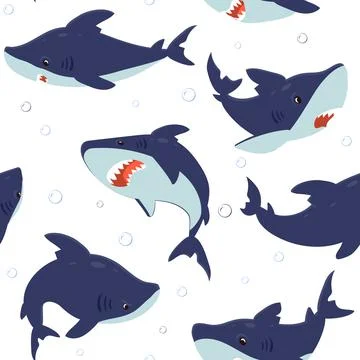 Shark pattern. Seamless texture with ocean fish and air bubbles underwater 스톡 일러스트