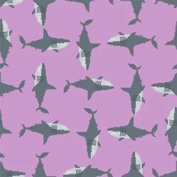 Shark pixel art pattern. Marine predator 8 bit background. graphics old game  Stock Illustration