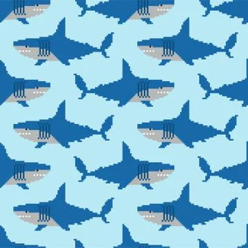 Shark pixel art pattern seamless. Marine predator 8 bit background. graphics  Stock Illustration