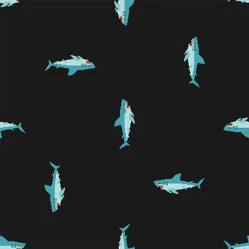 Shark pixel art pattern seamless. Sea predator 8bit background. Large predato Illustrazione stock