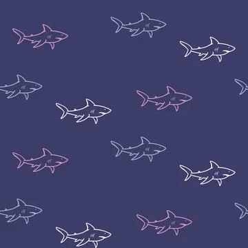 Shark seamless pattern purple and pink. Line style icons ocean fish vector Illustrazione stock