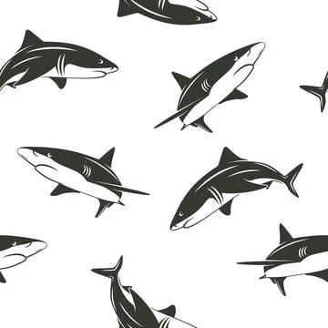 Shark Seamless Pattern, Vector Illustration. Shark Background with Swimming Stock Illustration