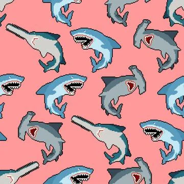 Shark set pixel art pattern seamless. Marine predator collection 8bit backgro Stock Illustration