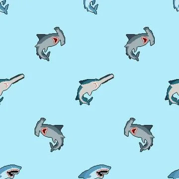 Shark set pixel art pattern seamless. Marine predator collection 8bit backgro 스톡 일러스트