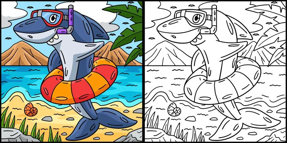 Shark with a Snorkel and Float Ring Illustration 스톡 일러스트
