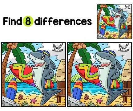 Shark with Surfboard Find The Differences Stock Illustration