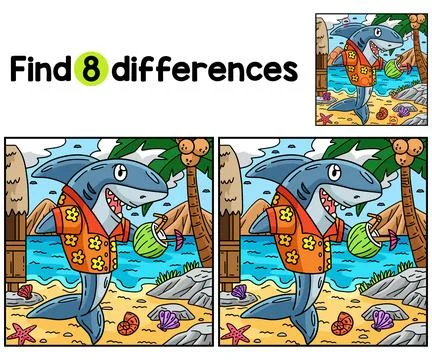 Shark with Tropical Drink Find The Differences Stock Illustration