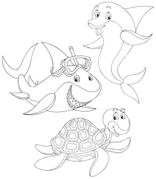 Shark, turtle and dolphin Stock Illustration
