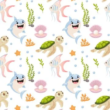 Shark turtle fish sea pattern cute marine seamless ocean repeat background .. 스톡 일러스트