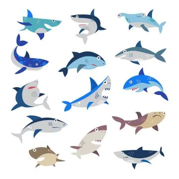 Shark vector cartoon seafish with sharp teeth in jaw illustration set of Stock Illustration
