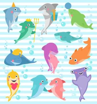 Shark vector cartoon seafish smiling with sharp teeth illustration set of Stock Illustration
