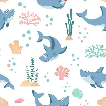 Sharks pattern. Seamless shark print, cute ocean fish wrapping. Marine life kids Stock Illustration