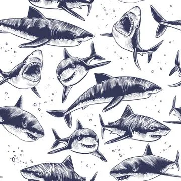 Sharks seamless pattern. Hand drawn underwater sea fish nautical japanese Stock Illustration