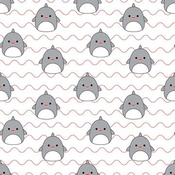 Sharks on seamless pattern. Squishmallow. Background with octopus. Kawaii Stock Illustration