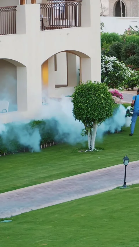 SHARM EL SHEIKH, EGYPT - APRIL 5, 2018 : Hotel Jaz Belvedere. Man work fogging Stock Footage 323079489