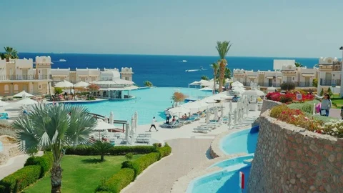 Sharm el Sheikh, Egypt, March, 2017: A luxurious hotel on the first line of the Stock Footage 74288380