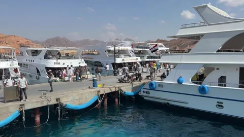 Sharm el sheikh, Egypt -MARCH 10, 2026: Tourists boarding luxury yachts in sharm Stock Footage 331194043