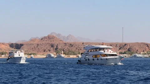 Sharm El Sheikh, Egypt - October 12, 2025: Excursion boats moving out of the mar Vidéo 328898752