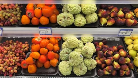 Sharm El Sheikh, Egypt - October 16, 2025: Assorted fresh fruits displayed on 스톡 동영상 341375382