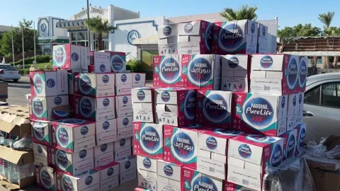 Sharm el-Sheikh, Egypt - October 9, 2025: Stacked Nestle Pure Life Water Boxes 스톡 동영상 341994622