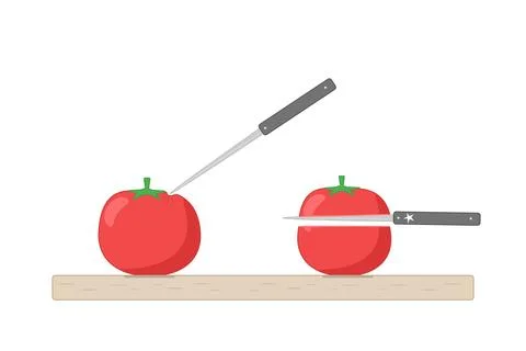 Sharp and dull kitchen knife slicing tomato comparison on white background 库存插图