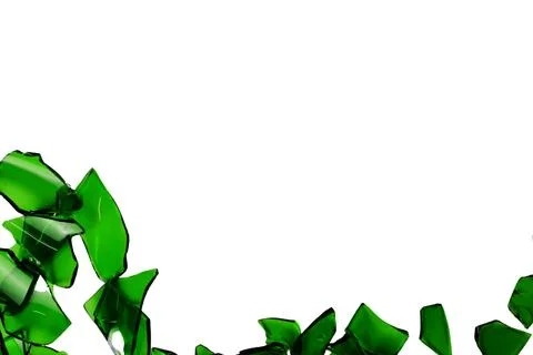 Sharp and jagged pieces of broken green glass cut out on a white background.. Stock Photos