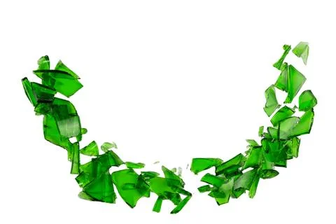 Sharp and jagged pieces of broken green glass cut out on a white background.. Stock Photos