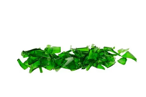 Sharp and jagged pieces of broken green glass cut out on a white background.. Stock Photos